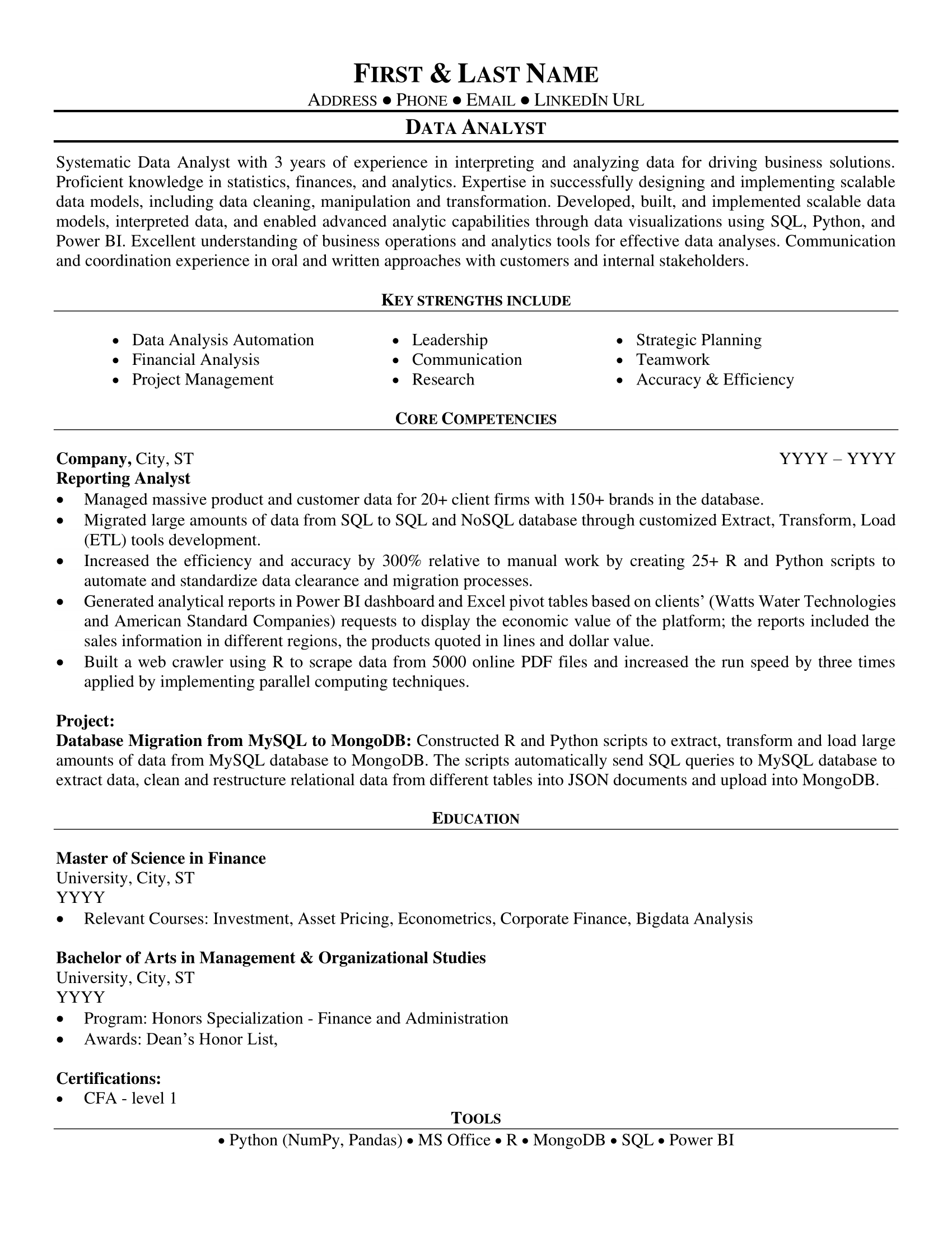 sample resume for a data analyst