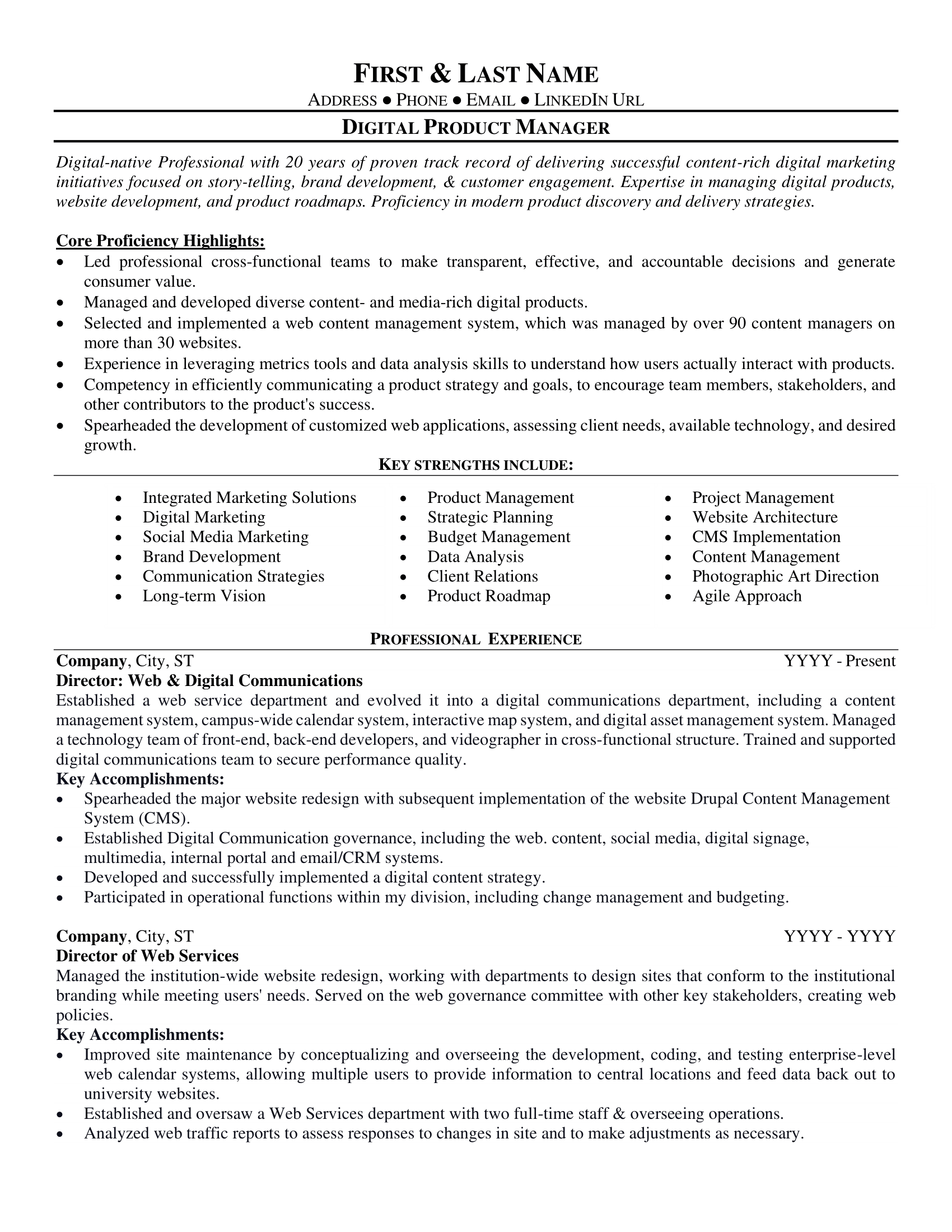 resume examples for product manager