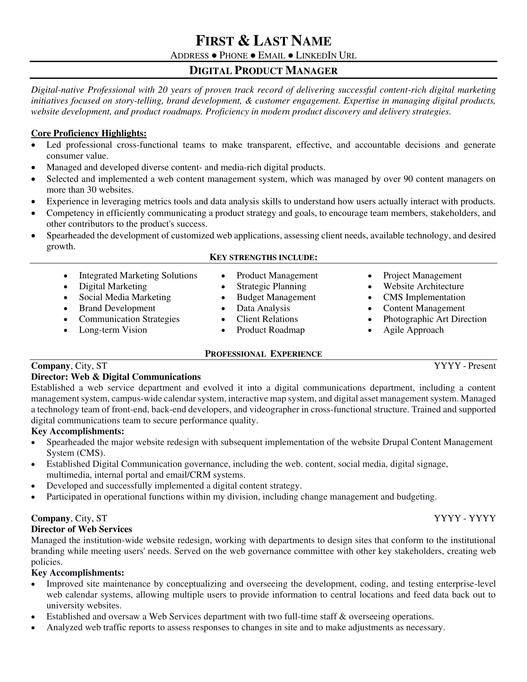 Resume For Product Manager Role