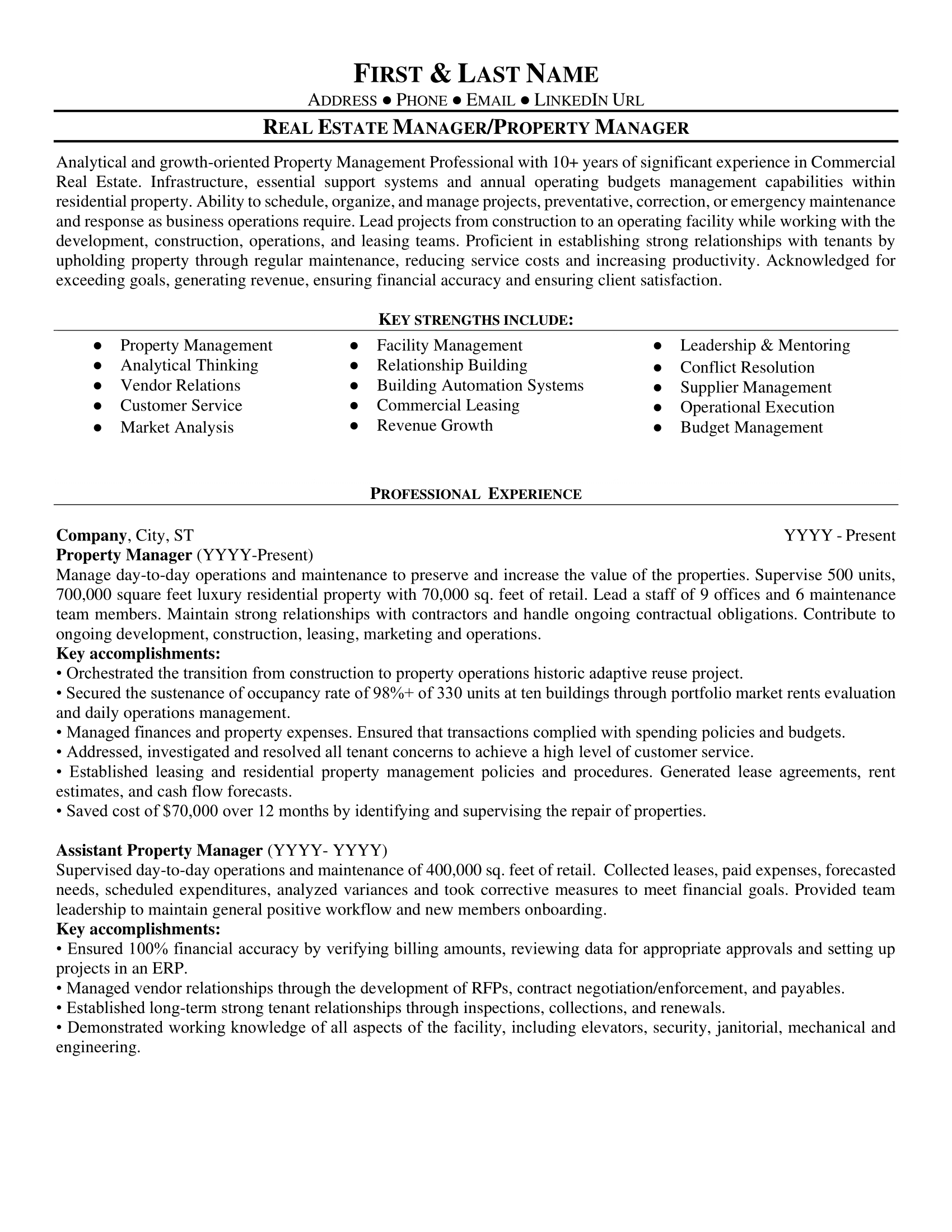 Free Printable Resume For Property Manager