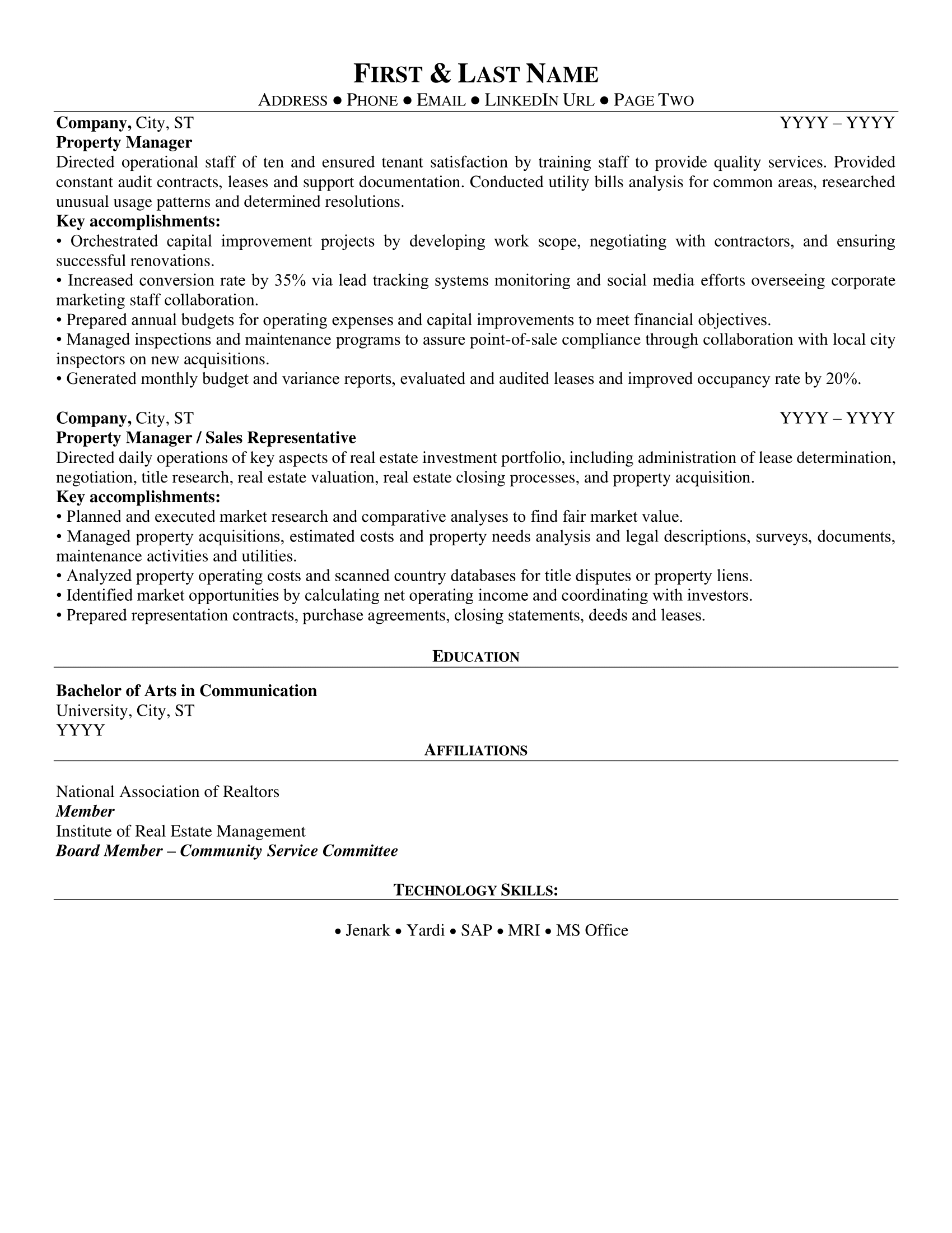 Real Estate Manager/Property Manager Resume Sample 2