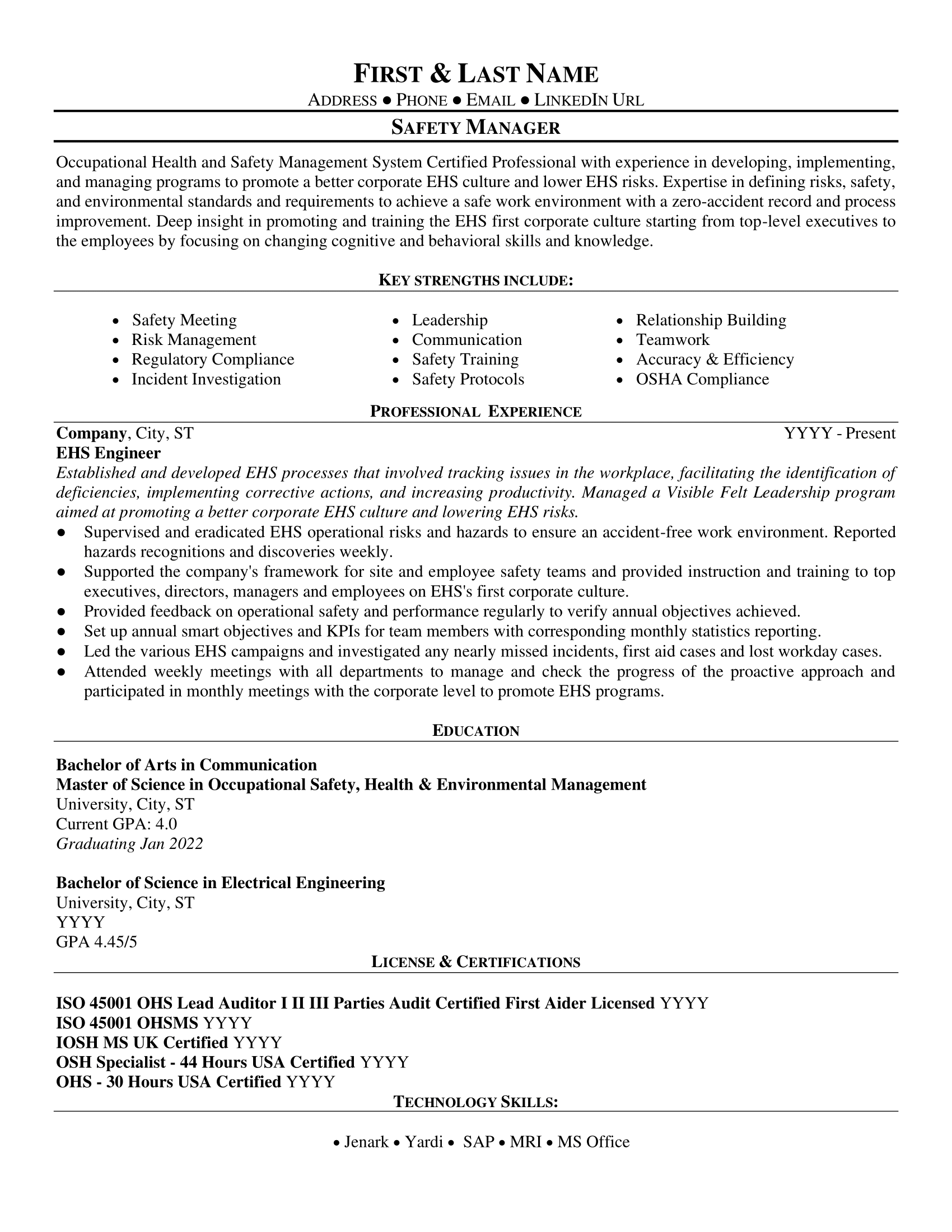 Safety Manager Resume Template