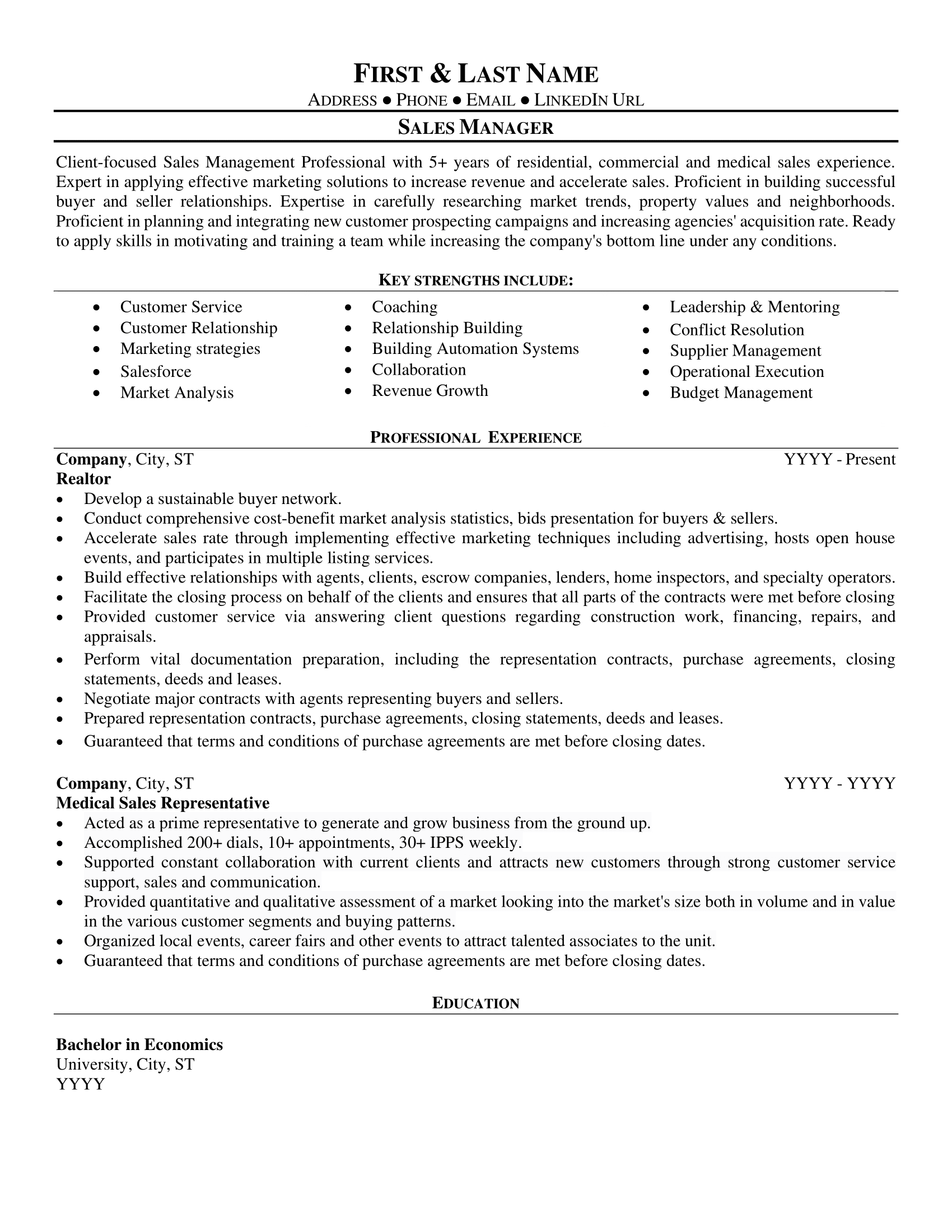 resume template for sales manager