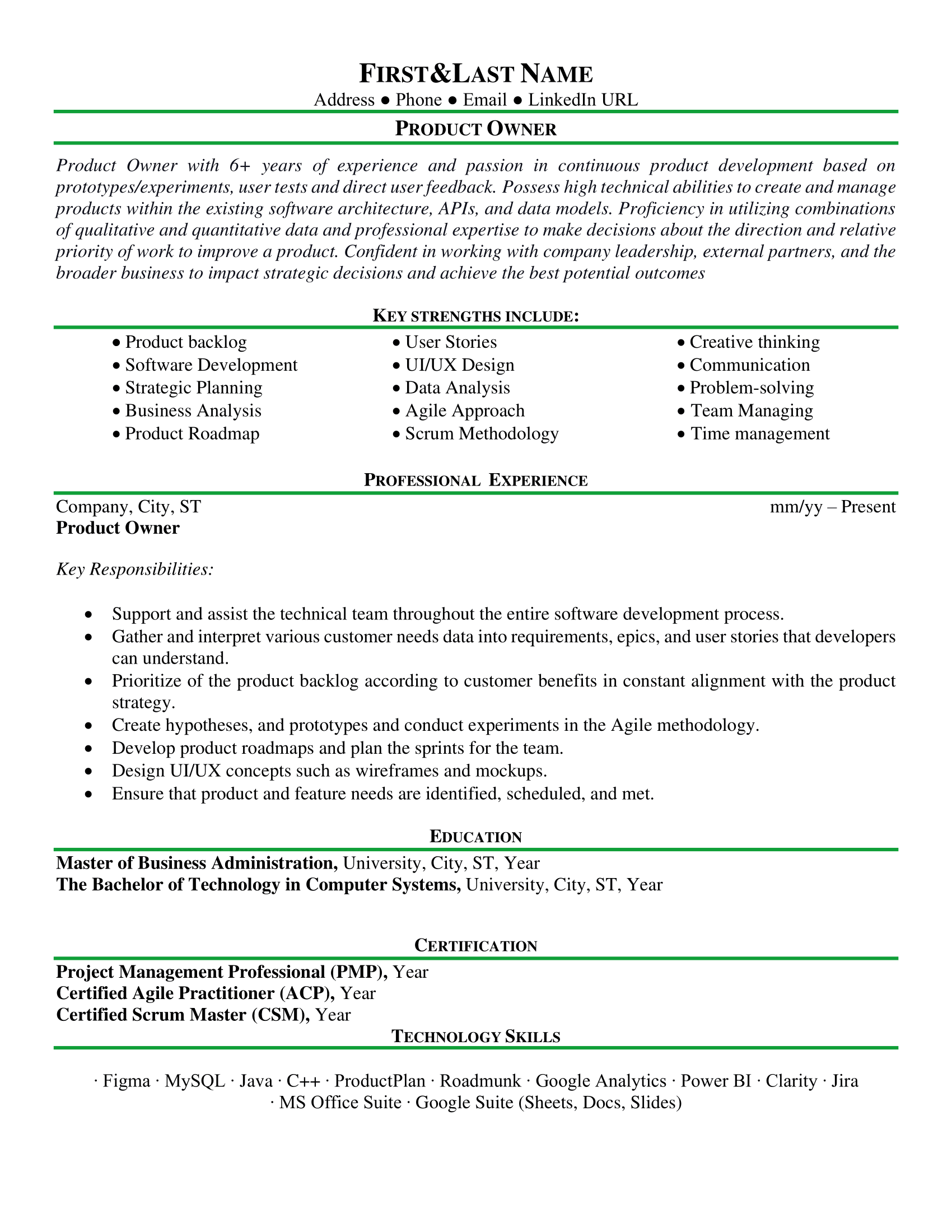 Product Owner Resume Sample